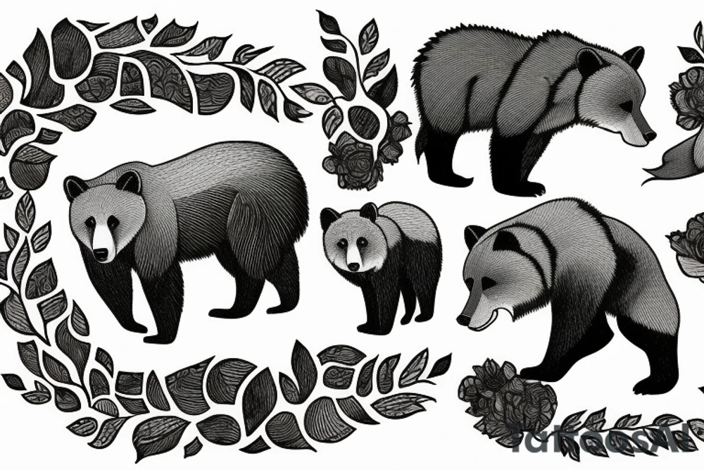 A grizzly bear and a fox surrounded by pacific northwest forest tattoo idea