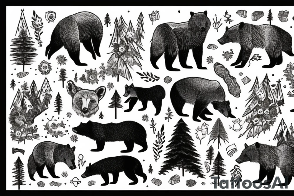 A grizzly bear and a fox surrounded by pacific northwest forest tattoo idea