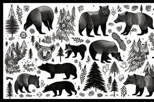 A grizzly bear and a fox surrounded by pacific northwest forest tattoo idea