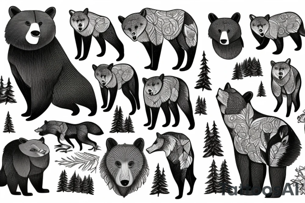 A grizzly bear and a fox surrounded by pacific northwest forest tattoo idea