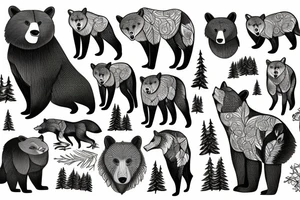 A grizzly bear and a fox surrounded by pacific northwest forest tattoo idea