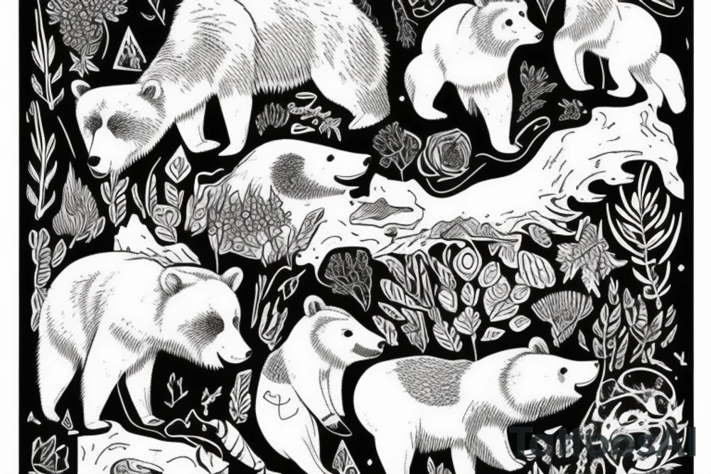 A grizzly bear is friends with a fox in a pacific northwest forest tattoo idea