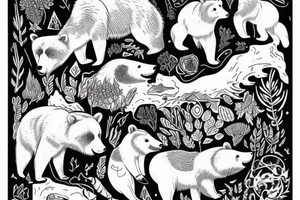 A grizzly bear is friends with a fox in a pacific northwest forest tattoo idea