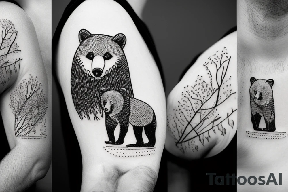 A grizzly bear is friends with a fox in a pacific northwest forest tattoo idea