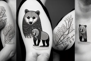 A grizzly bear is friends with a fox in a pacific northwest forest tattoo idea