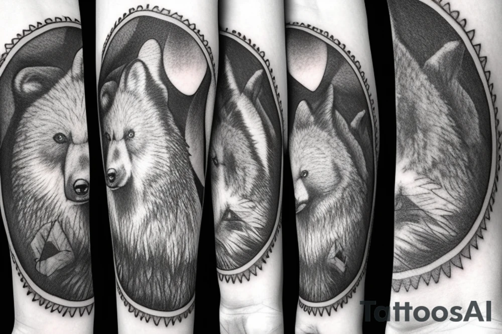A grizzly bear is friends with a fox in a pacific northwest forest tattoo idea