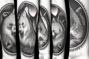 A grizzly bear is friends with a fox in a pacific northwest forest tattoo idea