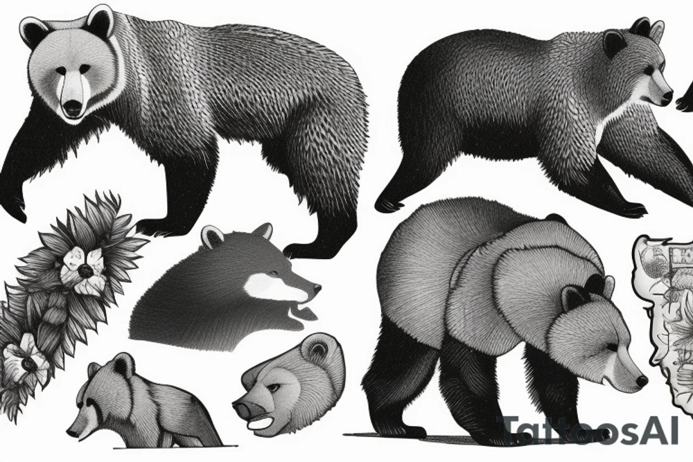 A grizzly bear is friends with a fox in a pacific northwest forest tattoo idea