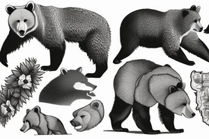 A grizzly bear is friends with a fox in a pacific northwest forest tattoo idea