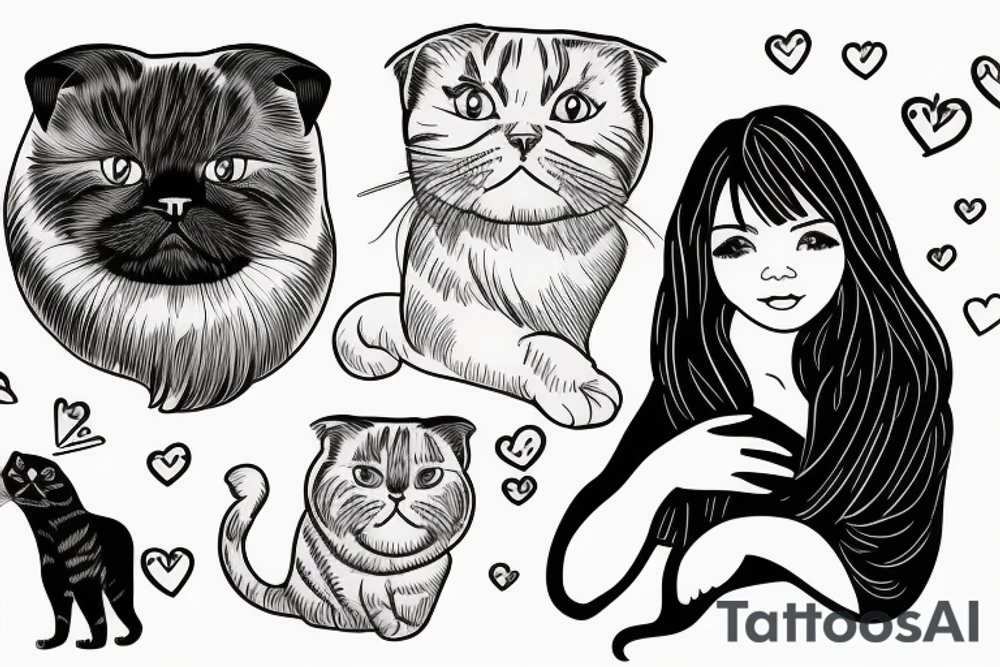Girl hugging a Scottish fold cat tattoo idea