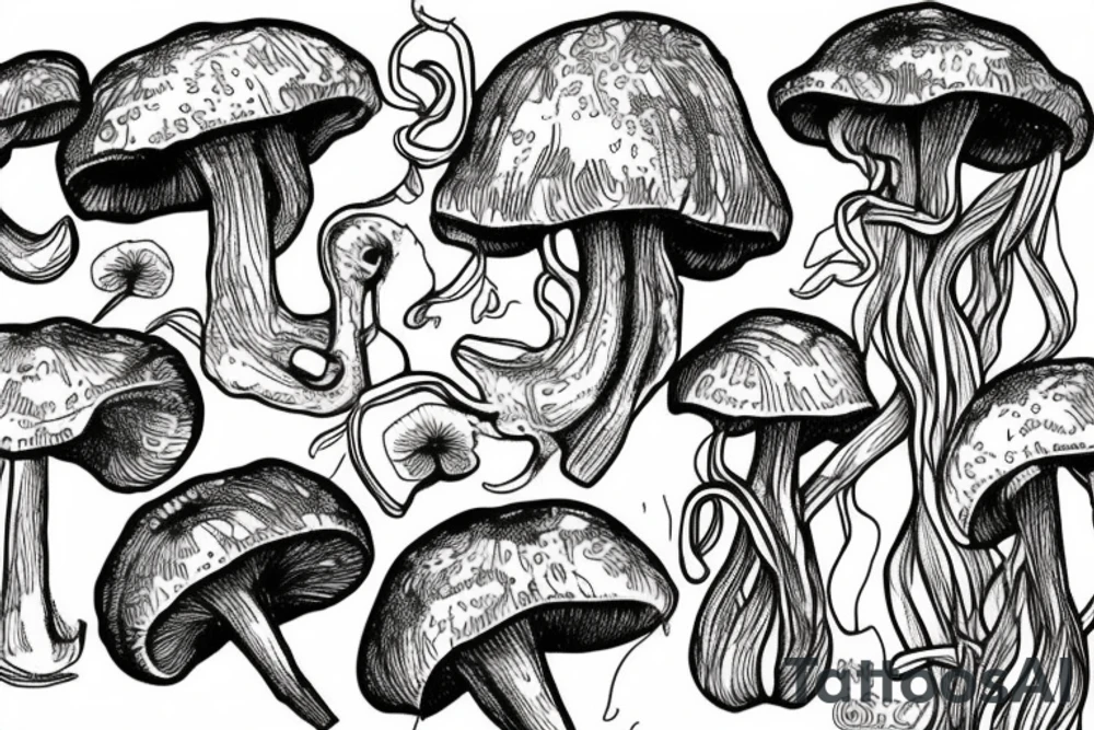 Mushrooms that go in line and are connected with moss tattoo idea