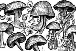 Mushrooms that go in line and are connected with moss tattoo idea