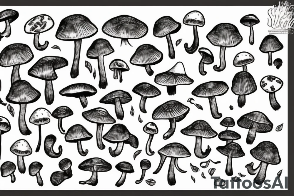 Mushrooms that go in line and are connected with moss tattoo idea