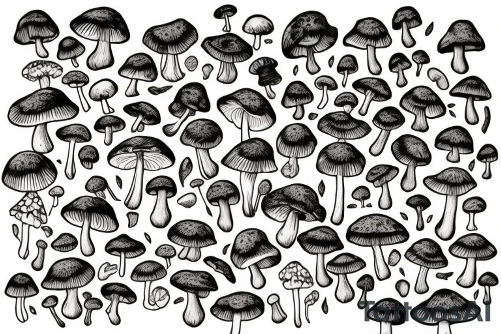 Mushrooms that go in line and are connected with moss tattoo idea