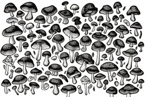 Mushrooms that go in line and are connected with moss tattoo idea