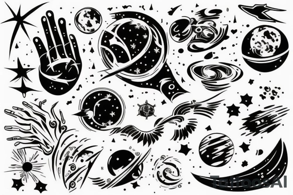 A tattoo to cover the hand and arm with traits and space stuff tattoo idea