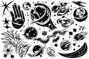 A tattoo to cover the hand and arm with traits and space stuff tattoo idea