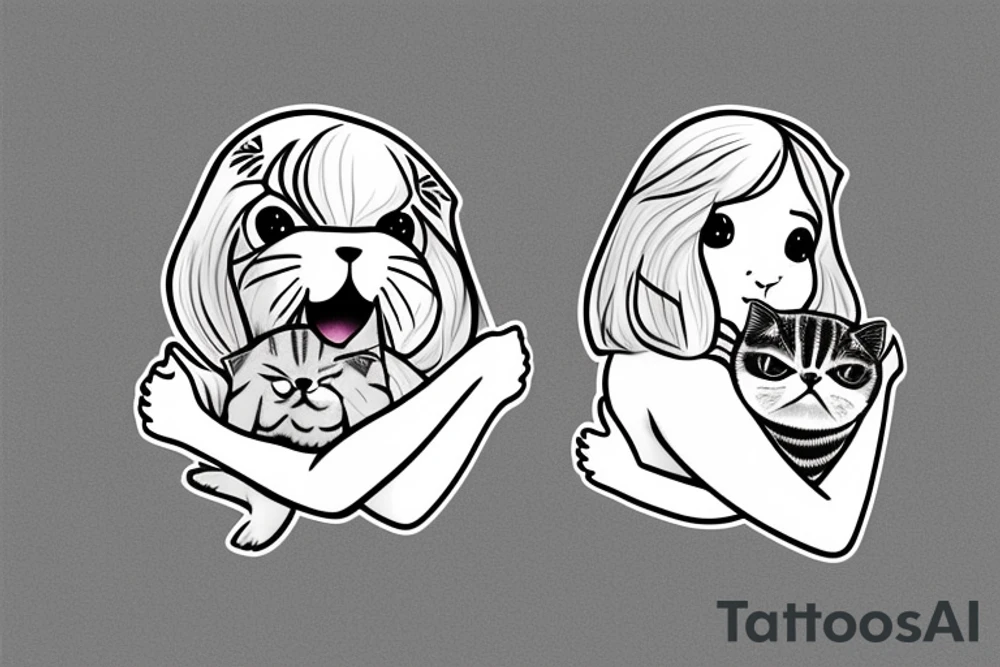 Girl hugs a Scottish fold cat tattoo idea