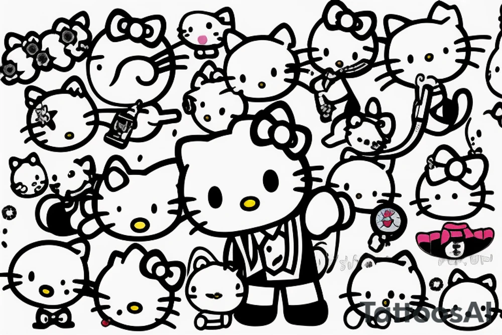 Hello kitty with ak47 gun in hands tattoo idea