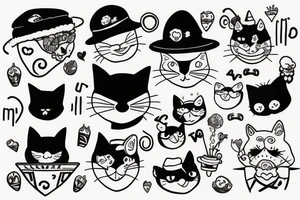 Black cat with a funny hat and sweatshirt tattoo idea