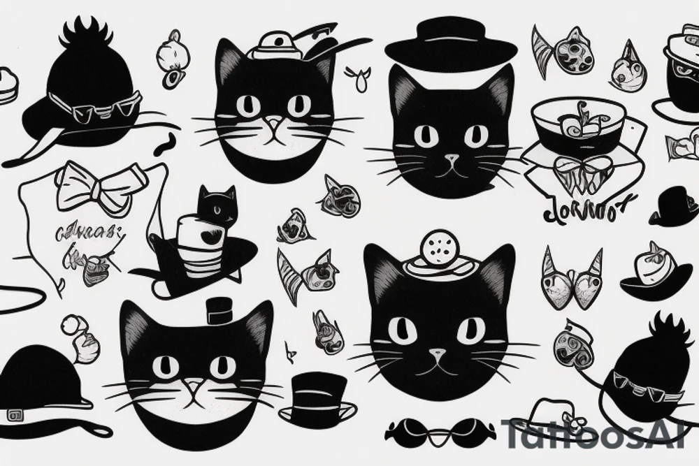 Black cat with a funny hat and sweatshirt tattoo idea