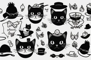 Black cat with a funny hat and sweatshirt tattoo idea