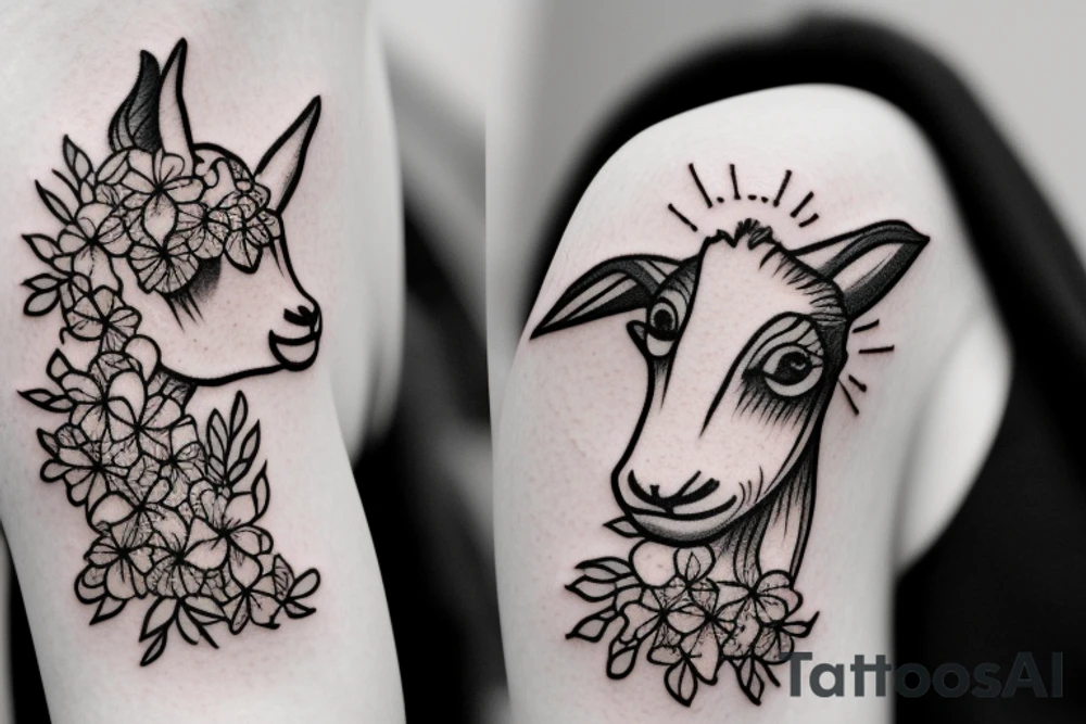 Jumping baby goat, creeping phlox flower tattoo idea Jumping baby goat, creeping phlox flower tattoo idea