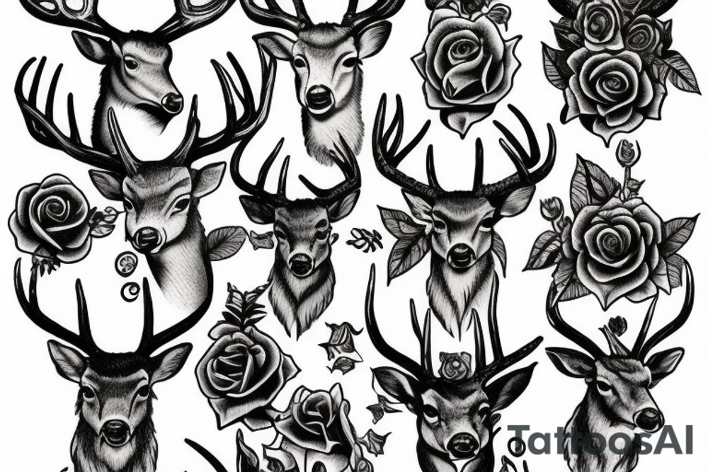 Deer with big horns in chains and roses tattoo idea