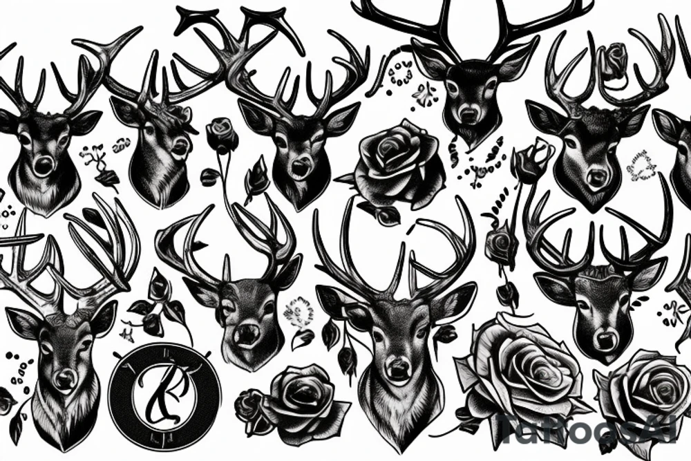Deer with big horns in chains and roses tattoo idea
