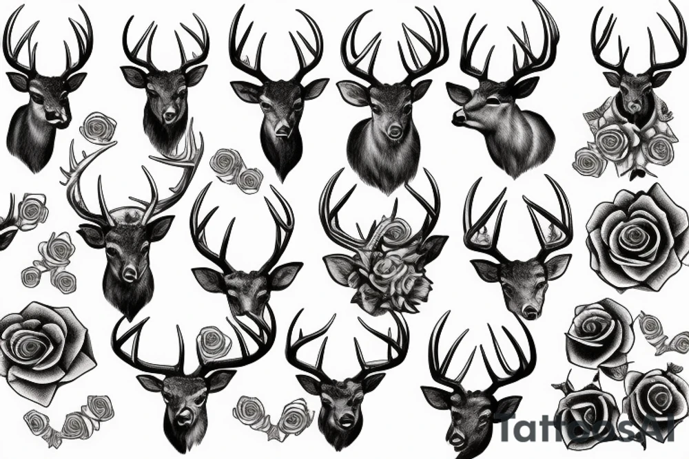Deer with big horns in chains and roses tattoo idea