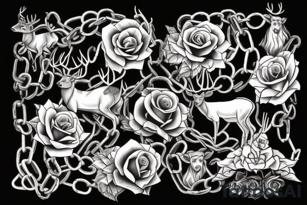 Deer with big horns in chains and roses tattoo idea