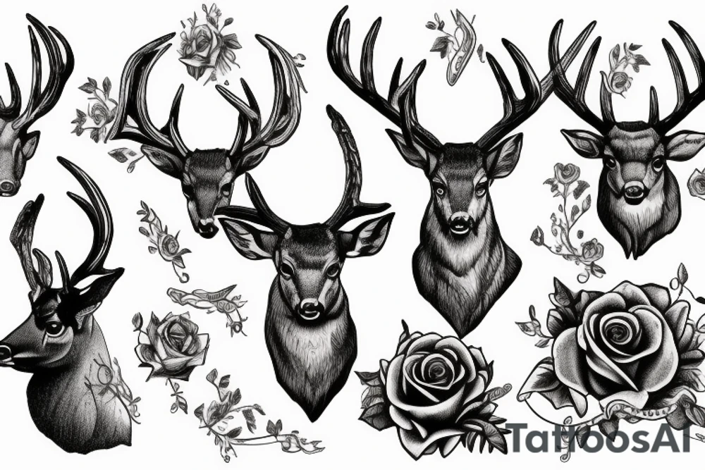 Deer with big horns in chains and roses tattoo idea