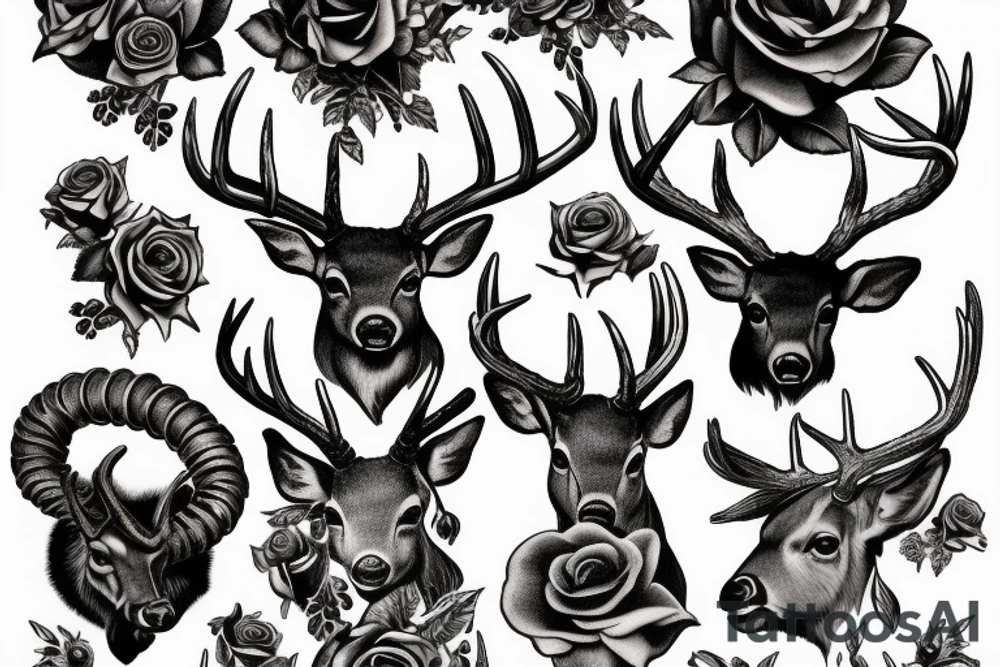 Deer with big horns in chains and roses tattoo idea