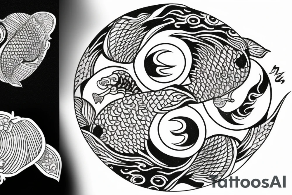 Sun and moon koi carp in the shape of a ying and yang, surrounding a lotus leaf, tattoo idea
