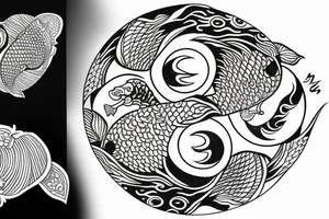 Sun and moon koi carp in the shape of a ying and yang, surrounding a lotus leaf, tattoo idea