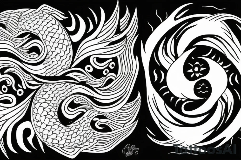 Sun and moon koi carp in the shape of a ying and yang, surrounding a lotus leaf, tattoo idea