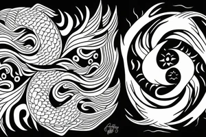 Sun and moon koi carp in the shape of a ying and yang, surrounding a lotus leaf, tattoo idea