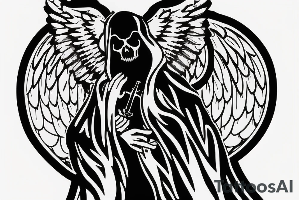 grim reaper with angel wings cradling hourglass tattoo idea