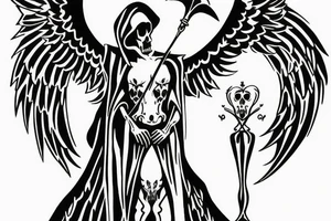 grim reaper with angel wings cradling hourglass tattoo idea