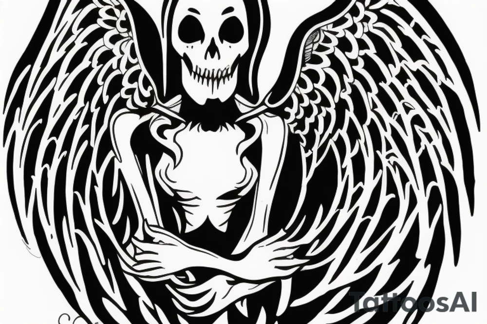grim reaper with angel wings cradling hourglass tattoo idea