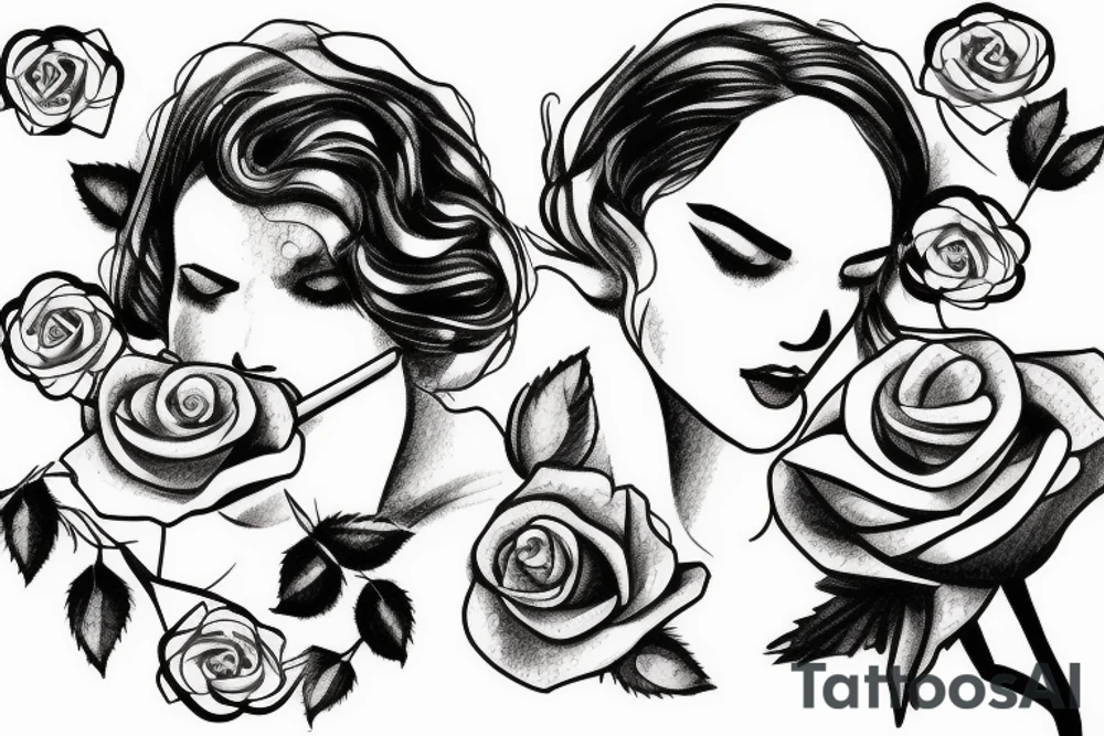 Woman lighting a cigarette on a burning rose tattoo idea