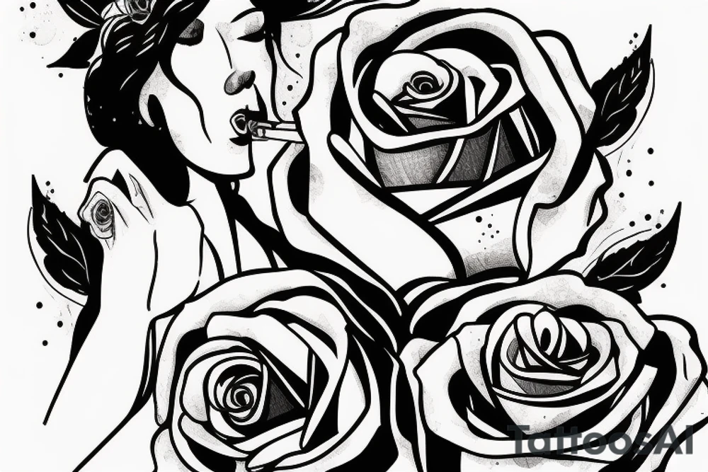 Woman lighting a cigarette on a burning rose tattoo idea
