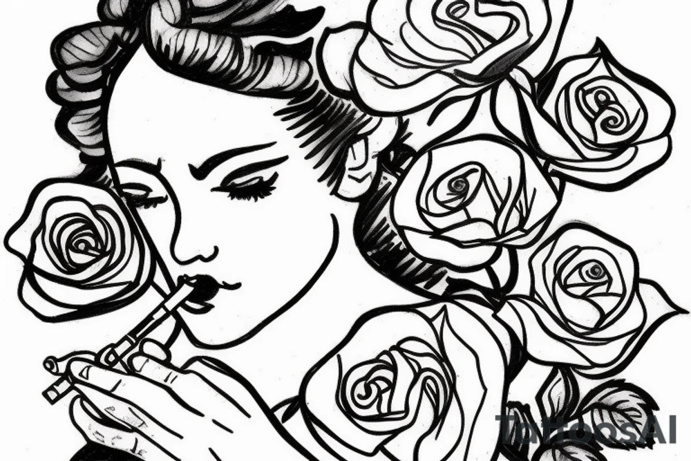 Woman lighting a cigarette on a burning rose tattoo idea