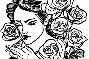 Woman lighting a cigarette on a burning rose tattoo idea