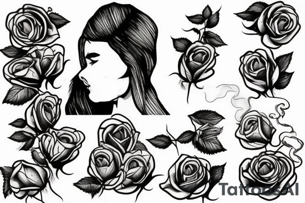 Woman lighting a cigarette on a burning rose tattoo idea