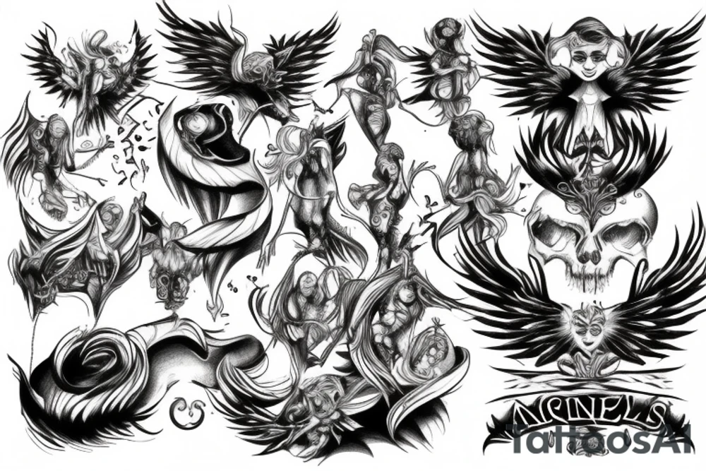 Fine line microrealism angels vs demons tattoo idea