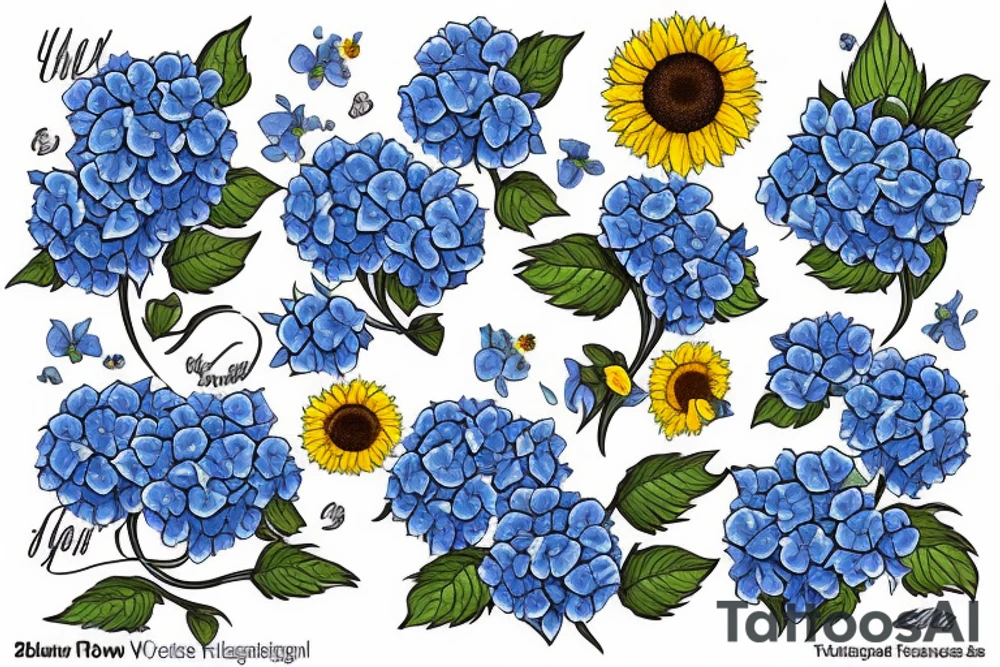 Blue hydrangeas and Sunflowers surrounding "I hope you only walk on the path with flowers" tattoo idea