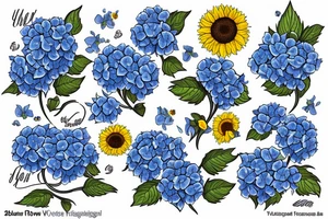Blue hydrangeas and Sunflowers surrounding "I hope you only walk on the path with flowers" tattoo idea