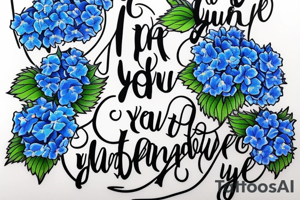 Blue hydrangeas and Sunflowers surrounding "I hope you only walk on the path with flowers" tattoo idea