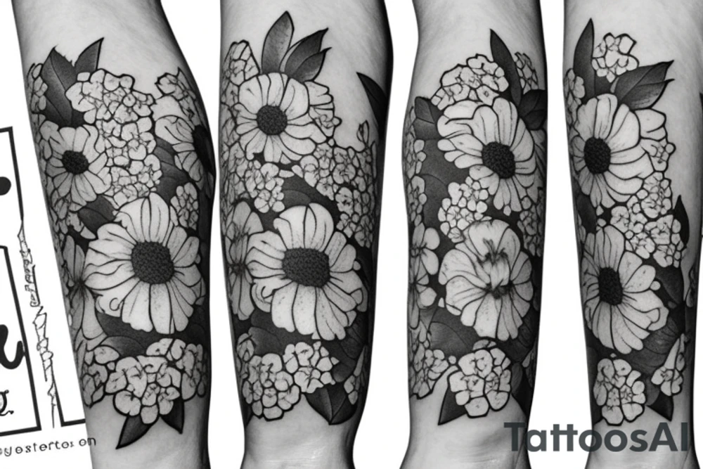 Blue hydrangeas and Sunflowers surrounding "I hope you only walk on the path with flowers" tattoo idea
